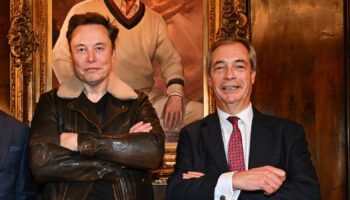 Nigel Farage and Reform UK treasurer Nick Candy with Elon Musk. Pic: PA