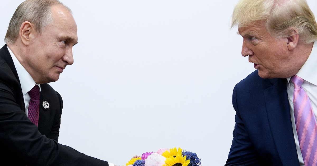 US President Donald Trump (R) attends a meeting with Russia's President Vladimir Putin during the G20 summit in Osaka on June 28, 2019.