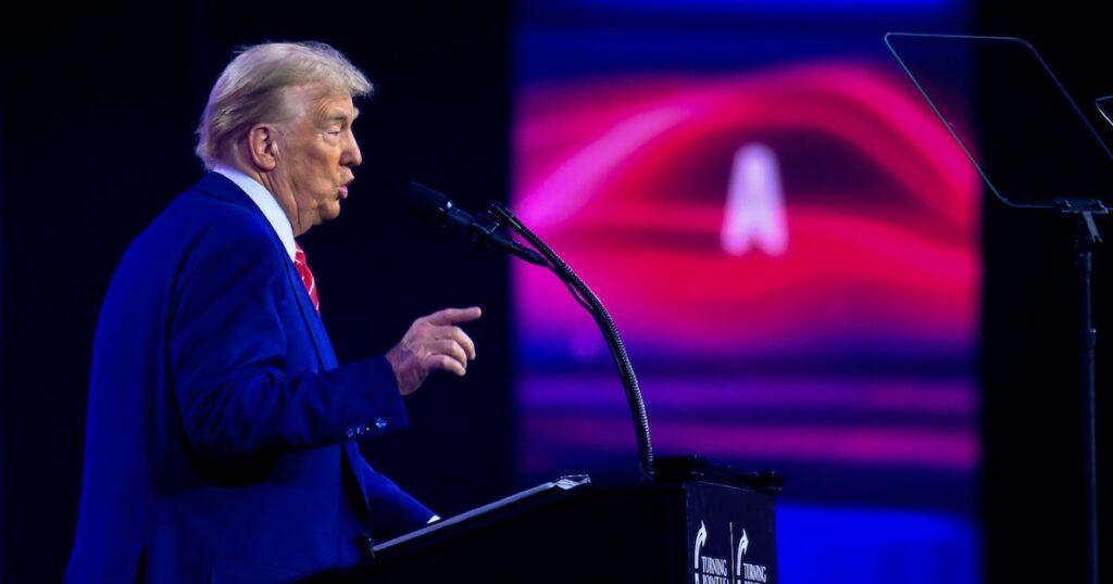 Donald Trump sur scène lors de la conférence AmericaFest de l'organisation conservatrice Turning Point à Phoenix (Arizona), le 22 décembre 2024