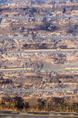 In this aerial view taken from a helicopter, burned homes are seen from above during the Palisades fire in Los Angeles county, California on January 9, 2025. Massive wildfires that engulfed whole neighborhoods and displaced thousands in Los Angeles remained totally uncontained January 9, 2025, authorities said, as US National Guard soldiers readied to hit the streets to help quell disorder. Swaths of the United States' second-largest city lay in ruins, with smoke blanketing the sky and an acrid smell pervading almost every building. (Photo by JOSH EDELSON / AFP)