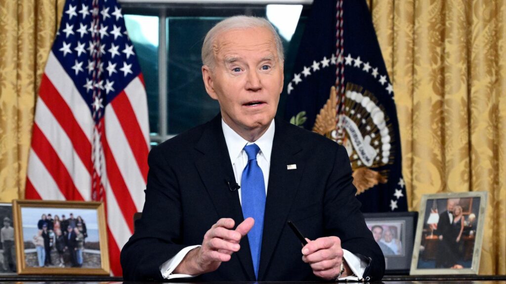 Joe Biden gives his farewell address from the Oval Office of the White House. Pic: AP