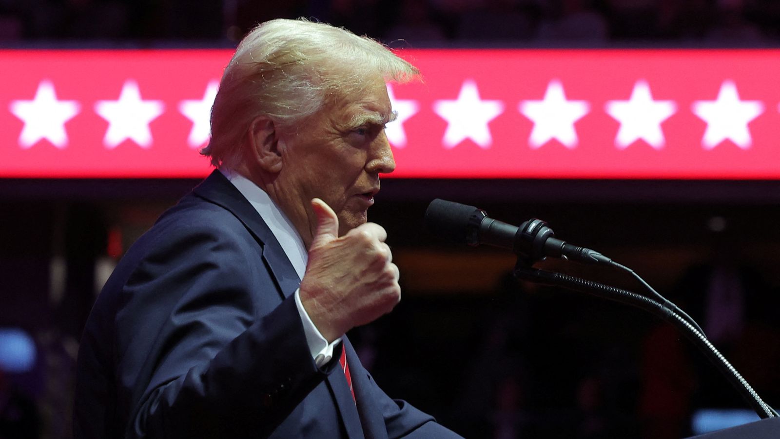 U.S. President-elect Donald Trump speaks during a rally the day before he is scheduled to be inaugurated for a second term, in Washington, U.S., January 19, 2025. REUTERS/Carlos Barria