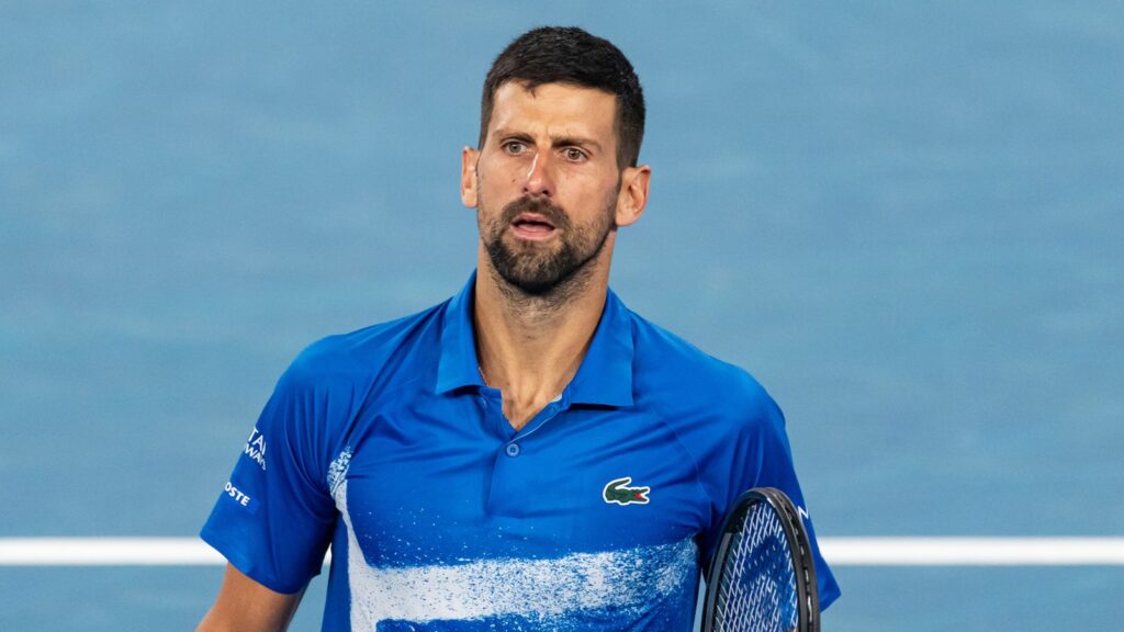 Jan 19, 2025; Melbourne, Victoria, Australia; Novak Djokovic of Serbia gestures during his match against Jiri Lehecka of Czech Republic in the fourth round of the men's singles at the 2025 Australian Open at Melbourne Park. Mandatory Credit: Mike Frey-Imagn Images