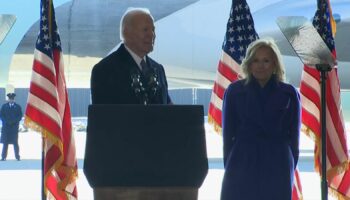 Former president Joe Biden addressed members of his administration at Joint Base Andrews.