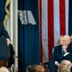 Donald Trump gives his inaugural speech while Joe Biden watches on. Pic: Reuters