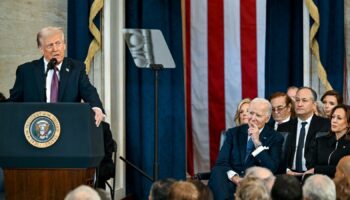 Donald Trump gives his inaugural speech while Joe Biden watches on. Pic: Reuters