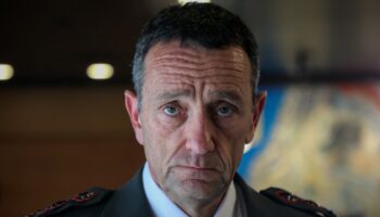 Herzi Halevi, Chief of General Staff of the Israeli army, looks on before a meeting between the US and Israeli defence ministers at the Israel Aerospace Industries (IAI) headquarters near Ben Gurion Airport in Lod on March 9, 2023. Pentagon chief Lloyd Austin held talks in Israel on March 9 as flaring violence killed three suspected Palestinian militants and protesters again rallied against the hard-right government of Prime Minister Benjamin Netanyahu. (Photo by Gil COHEN-MAGEN / AFP)