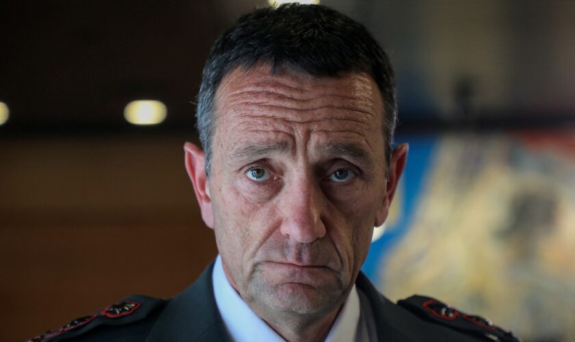 Herzi Halevi, Chief of General Staff of the Israeli army, looks on before a meeting between the US and Israeli defence ministers at the Israel Aerospace Industries (IAI) headquarters near Ben Gurion Airport in Lod on March 9, 2023. Pentagon chief Lloyd Austin held talks in Israel on March 9 as flaring violence killed three suspected Palestinian militants and protesters again rallied against the hard-right government of Prime Minister Benjamin Netanyahu. (Photo by Gil COHEN-MAGEN / AFP)