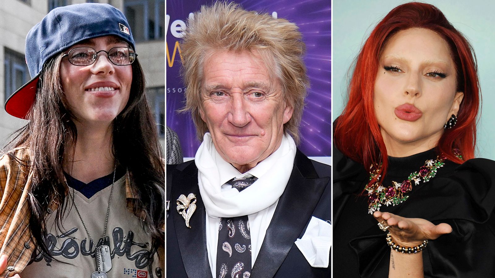 Billie Eilish, Rod Stewart and Lady Gaga. Pics: Britta Pedersen/picture-alliance/dpa/Kirsty Wigglesworth/Jeffrey Mayer/MediaPunch /IPX/AP