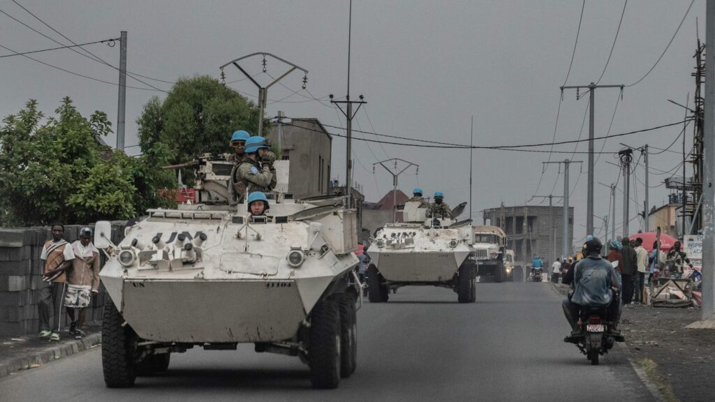 UN armoured personnel carriers deploy outside Goma in the Democratic Republic of Congo on Saturday. Pic: AP