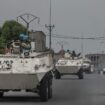 UN armoured personnel carriers deploy outside Goma in the Democratic Republic of Congo on Saturday. Pic: AP