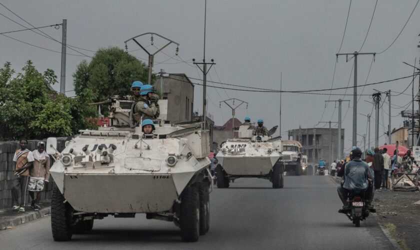 UN armoured personnel carriers deploy outside Goma in the Democratic Republic of Congo on Saturday. Pic: AP