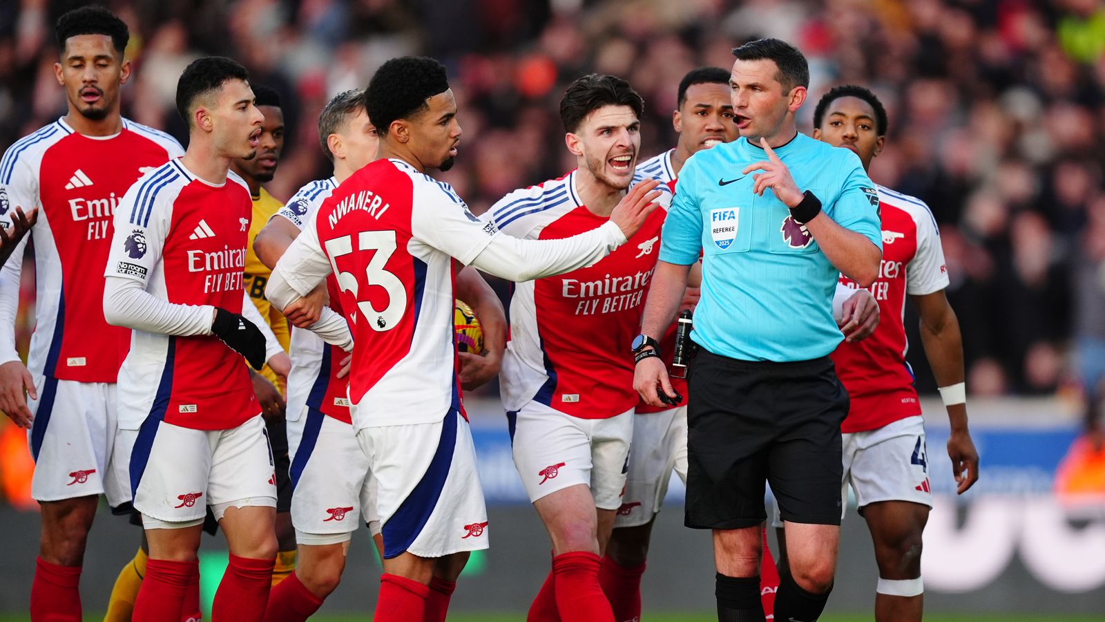 File photo dated 25/01/25 of Michael Oliver surrounded by Arsenal players after sending off Myles Lewis-Skelly . A referee support group fears “even worse is just around the corner” after Premier League referee Michael Oliver was the target of threats and abuse over the weekend. Issue date: Monday January 27, 2025.