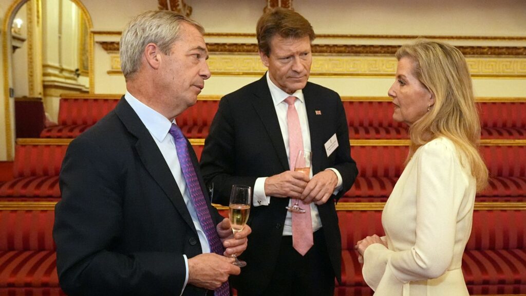 Reform UK leader Nigel Farage and Reform UK Deputy leader Richard Tice speaking to the Duchess of Edinburgh during a reception hosted by King Charles III and Queen Camilla for members of Parliament newly elected in the 2024 election, and members of the House of Lords, at Buckingham Palace in London. Picture date: Wednesday January 29, 2025. Aaron Chown/Pool via REUTERS