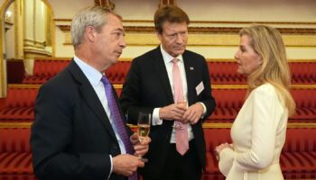 Reform UK leader Nigel Farage and Reform UK Deputy leader Richard Tice speaking to the Duchess of Edinburgh during a reception hosted by King Charles III and Queen Camilla for members of Parliament newly elected in the 2024 election, and members of the House of Lords, at Buckingham Palace in London. Picture date: Wednesday January 29, 2025. Aaron Chown/Pool via REUTERS