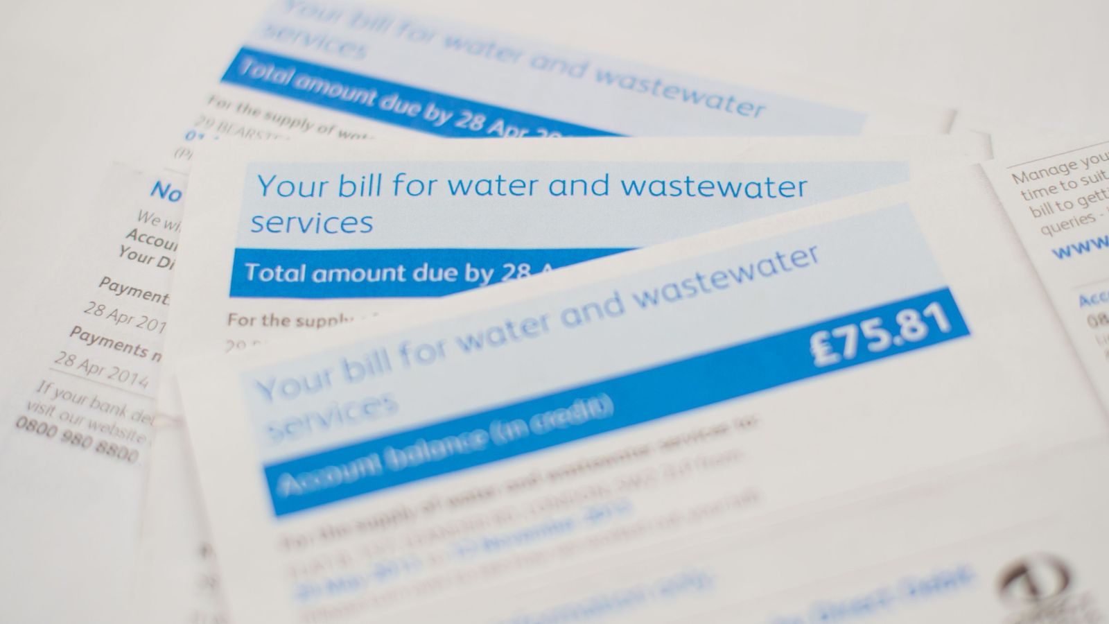 EMBARGOED TO 0001 WEDNESDAY NOVEMBER 6 File photo dated 17/09/15 of a collection of water bills. Two in five households across England and Wales say they will find it difficult to afford the increases to water bills being proposed by the regulator Ofwat, according to a report. Pic: PA