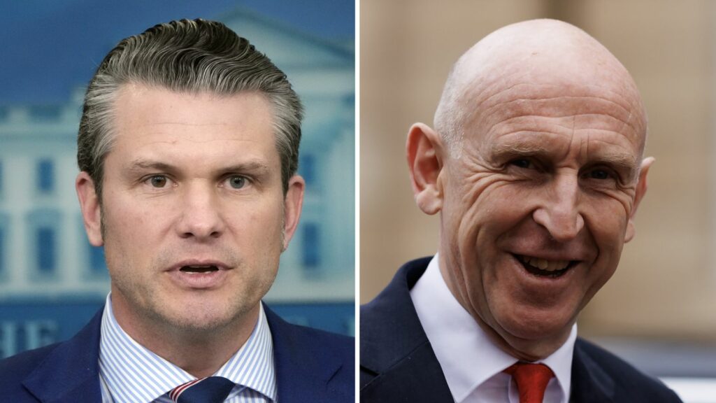 Pete Hegseth (L) spoke to John Healey (R) by phone earlier today. File pics: AP & PA