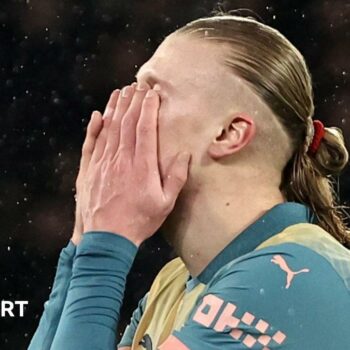 Erling Haaland reacts as Manchester City lose to Paris St-Germain