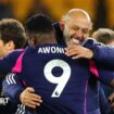 Nuno Espirito Santo celebrates Nottingham Forest's win with Taiwo Awoniyi.