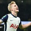 Lucas Bergvall celebrates his winner for Tottenham in the Carabao Cup semi-final first leg against Liverpool