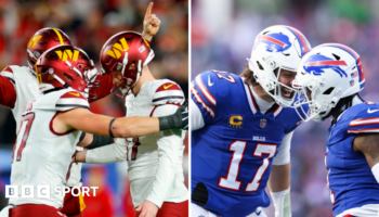 Josh Allen smiles after a Buffalo Bills touchdown against the Denver Broncos