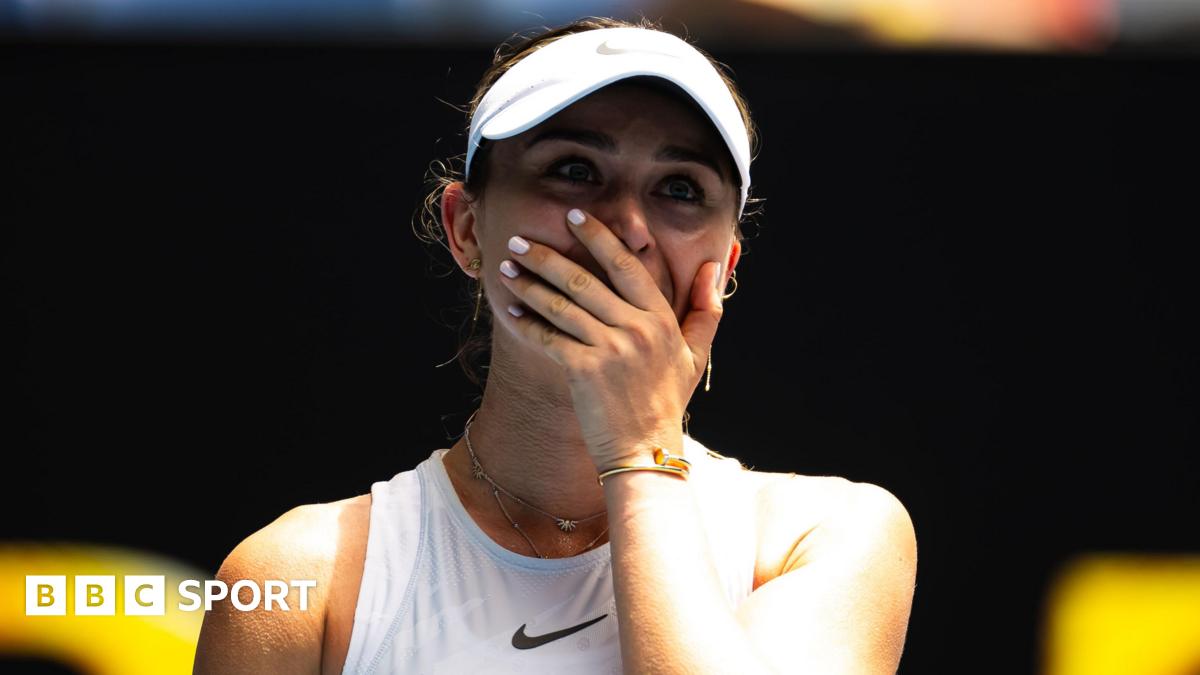 Paula Badosa of Spain reacts to defeating Coco Gauff at the Australian Open