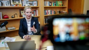 Alice Weidel (AfD) sitzt für ihren Live-Talk mit dem US-Milliardär Elon Musk auf der Plattform X in ihrem Büro