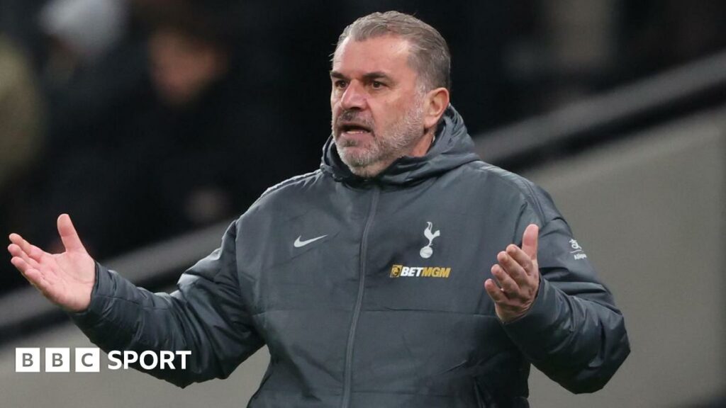 Tottenham boss Ange Postecoglou holds his hands out in exasperation