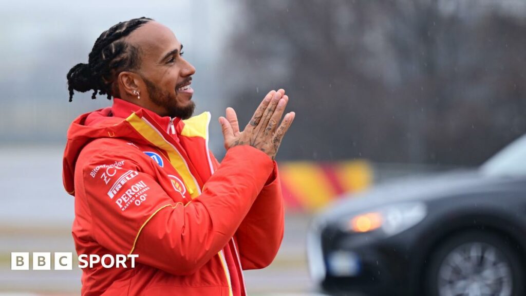 Lewis Hamilton heads down the pit straight with the Pyrenees in the background