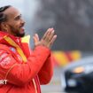 Lewis Hamilton heads down the pit straight with the Pyrenees in the background