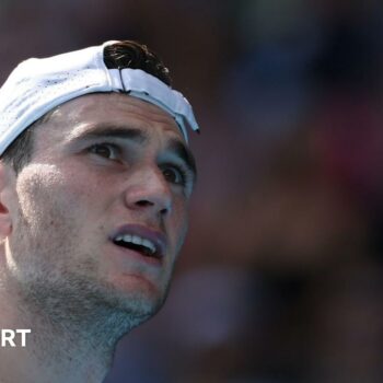 Jack Draper reacts during his Australian Open defeat by Carlos Alcaraz