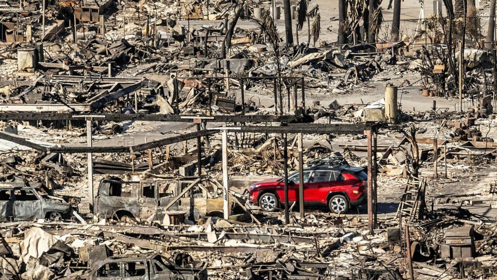 Zerstörung wie im Krieg: eine ehemalige Wohnsiedlung in Los Angeles. (Archivbild) Foto: Noah Berger/AP/dpa