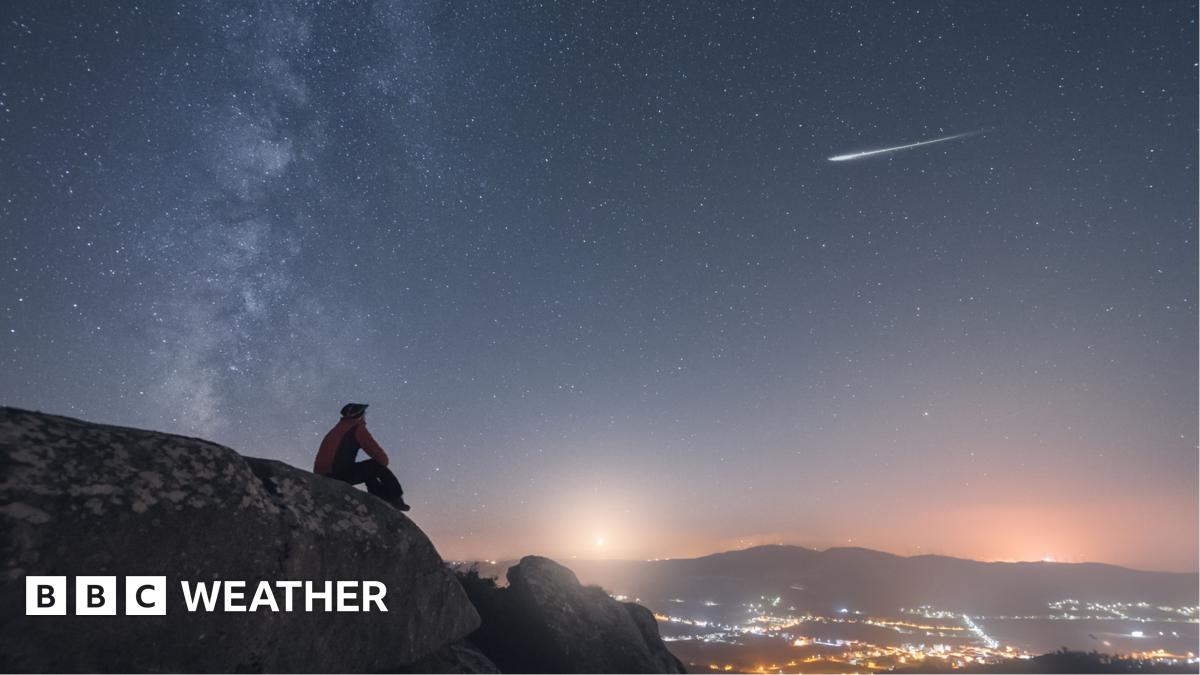 Quadrantid meteor streaks across a night sky. Silouette of of trees and hills in the foreground.