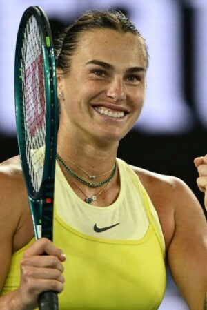 Aryna Sabalenka celebrates victory over Anastasia Pavlyuchenkova