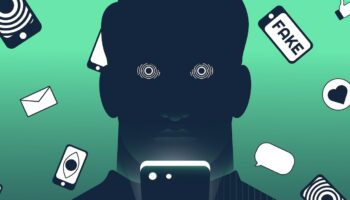 Homme hypnotisé par son smartphone. Fake news, manipulation, concept d'addiction à internet. Illustration vectorielle.