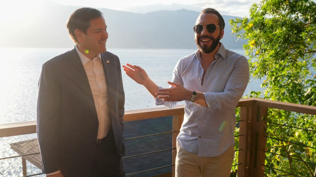 Marco Rubio meets  El Salvador's president, Nayib Bukele, at his residence on Lake Coatepeque. Pic: AP