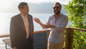 Marco Rubio meets  El Salvador's president, Nayib Bukele, at his residence on Lake Coatepeque. Pic: AP