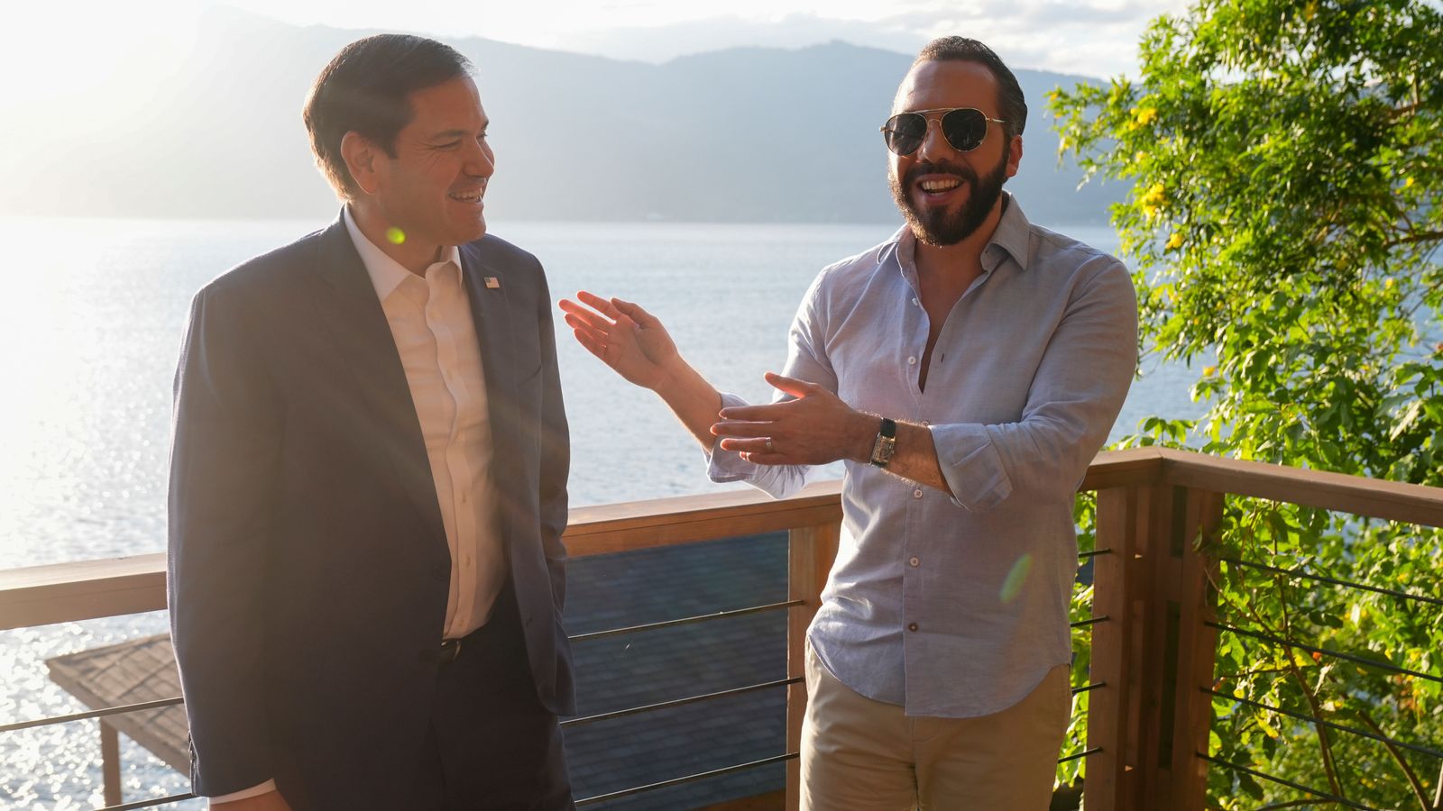 Marco Rubio meets  El Salvador's president, Nayib Bukele, at his residence on Lake Coatepeque. Pic: AP