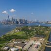 Aerial view of Governors Island with Manhattan and Brooklyn in the background, New York City