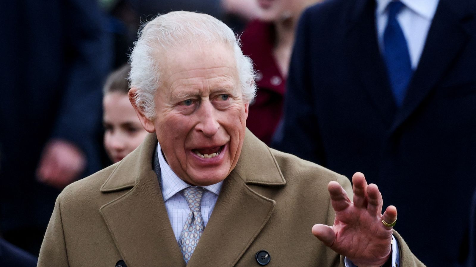 Britain's King Charles waves on the day he attends the Royal Family's Christmas Day service at St. Mary Magdalene's church, as the Royals take residence at the Sandringham estate in eastern England, Britain December 25, 2024. REUTERS/Toby Melville