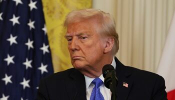 U.S. President Donald Trump attends a joint press conference with Japanese Prime Minister Shigeru Ishiba after their bilateral meeting at the White House in Washington, D.C., on February 7, 2025. ( The Yomiuri Shimbun via AP Images )