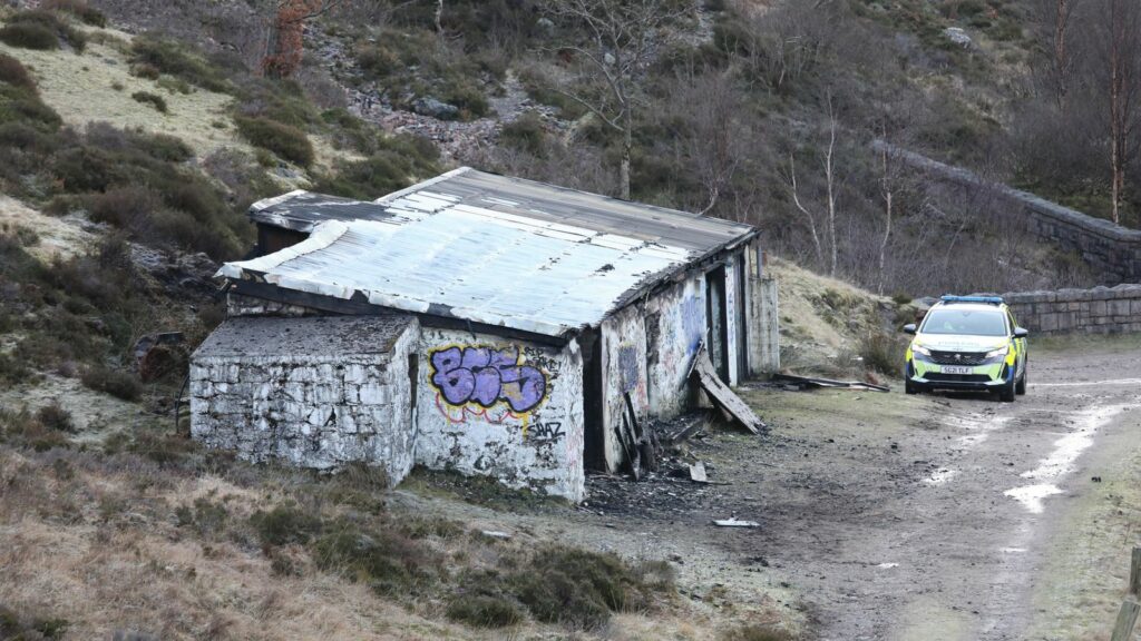 Outbuildings which were destroyed by fire at the cottage at Glen Coe which was owned by Jimmy Savile