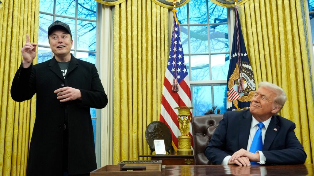 President Donald Trump listens as Elon Musk speaks in the Oval Office at the White House, Tuesday, Feb. 11, 2025, in Washington. (Photo/Alex Brandon)