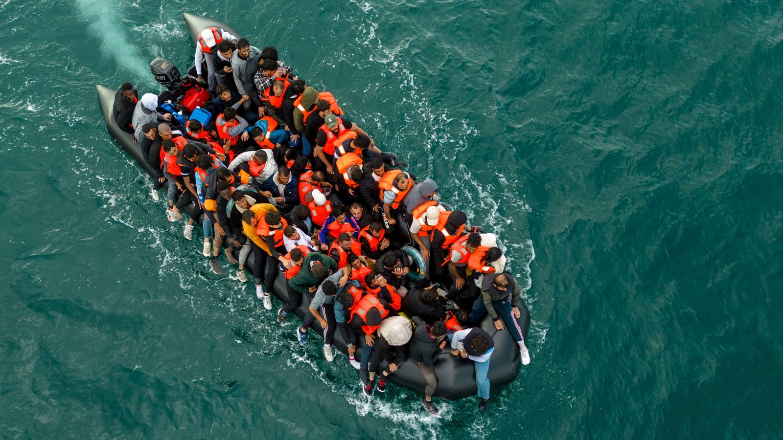 A small inflatable dinghy crossing the English Channel from France to England in August 2024. Pic: Reuters