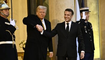 Le président élu américain Donald Trump sur le perron de l'Elysée avec Emmanuel Macron le 7 décembre 2024