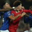 Liverpool's Curtis Jones clashes with Everton's Abdoulaye Doucoure after the match. Pic: Reuters