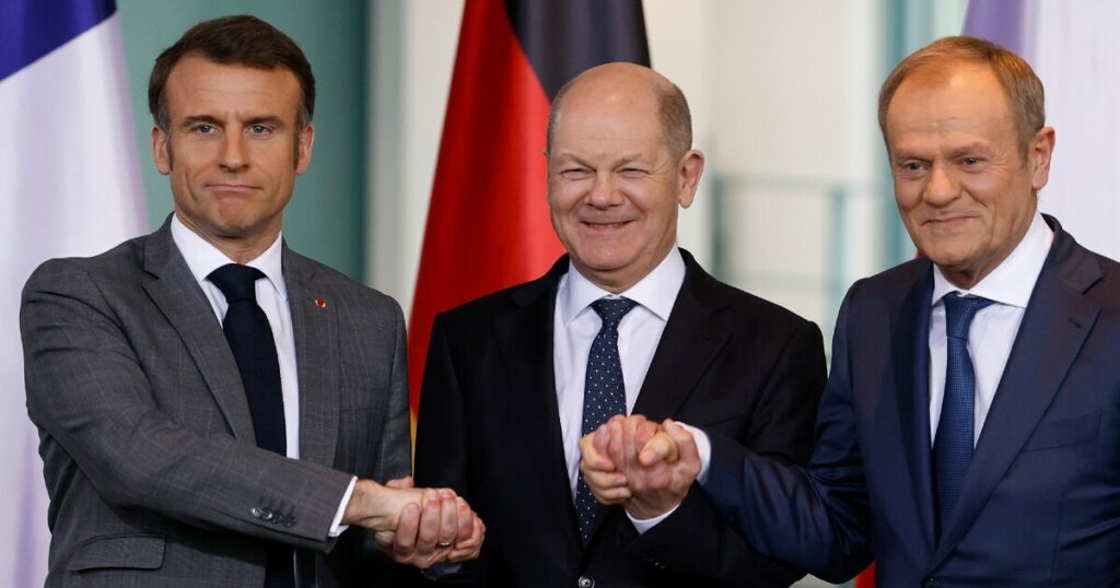 De gauche à droite Emmanuel Macron, Olaf Scholz et le Premier ministre polonais Donald Tusk à Berlin le 15 mars 2024