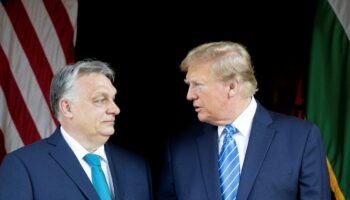 Cette photographie, prise et publiée le 8 mars 2024 par le bureau de presse du Premier ministre hongrois, montre le Premier ministre hongrois Viktor Orban (à gauche) et l'ancien président américain et candidat républicain à la présidentielle, Donald Trump, lors de leur rencontre à la résidence de Trump à Mar-a-Lago à Palm Beach, en Floride.