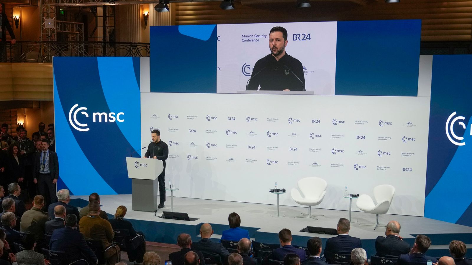 Volodymyr Zelenskyy speaks at the Munich Security Conference. Pic: AP