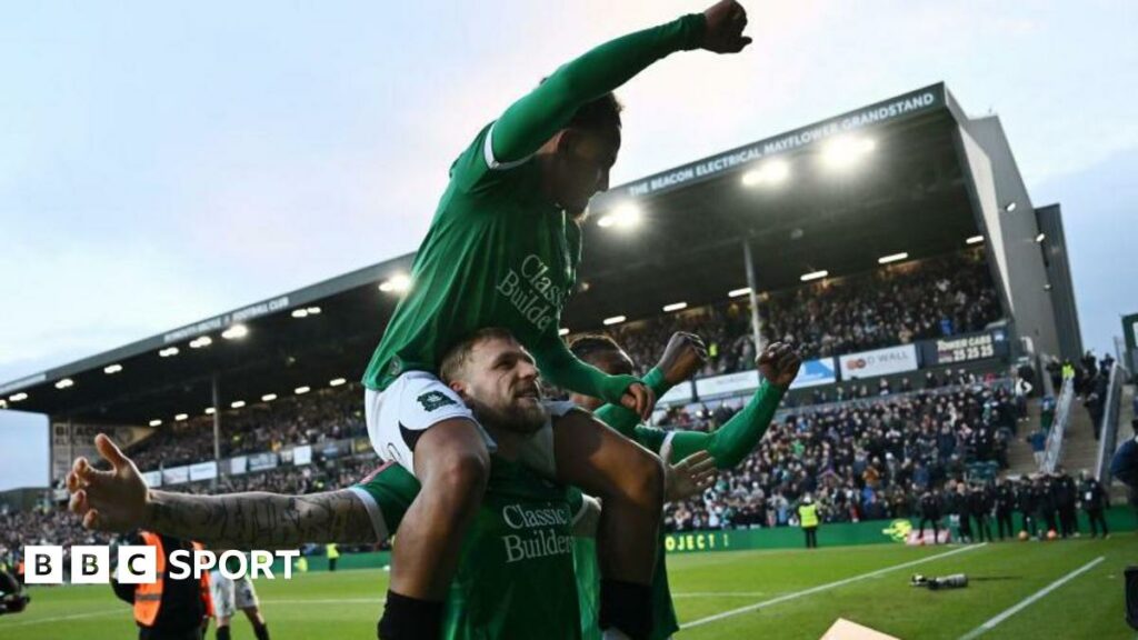 Plymouth Argyle players celebrate their stunning FA Cup fourth round win over Liverpool